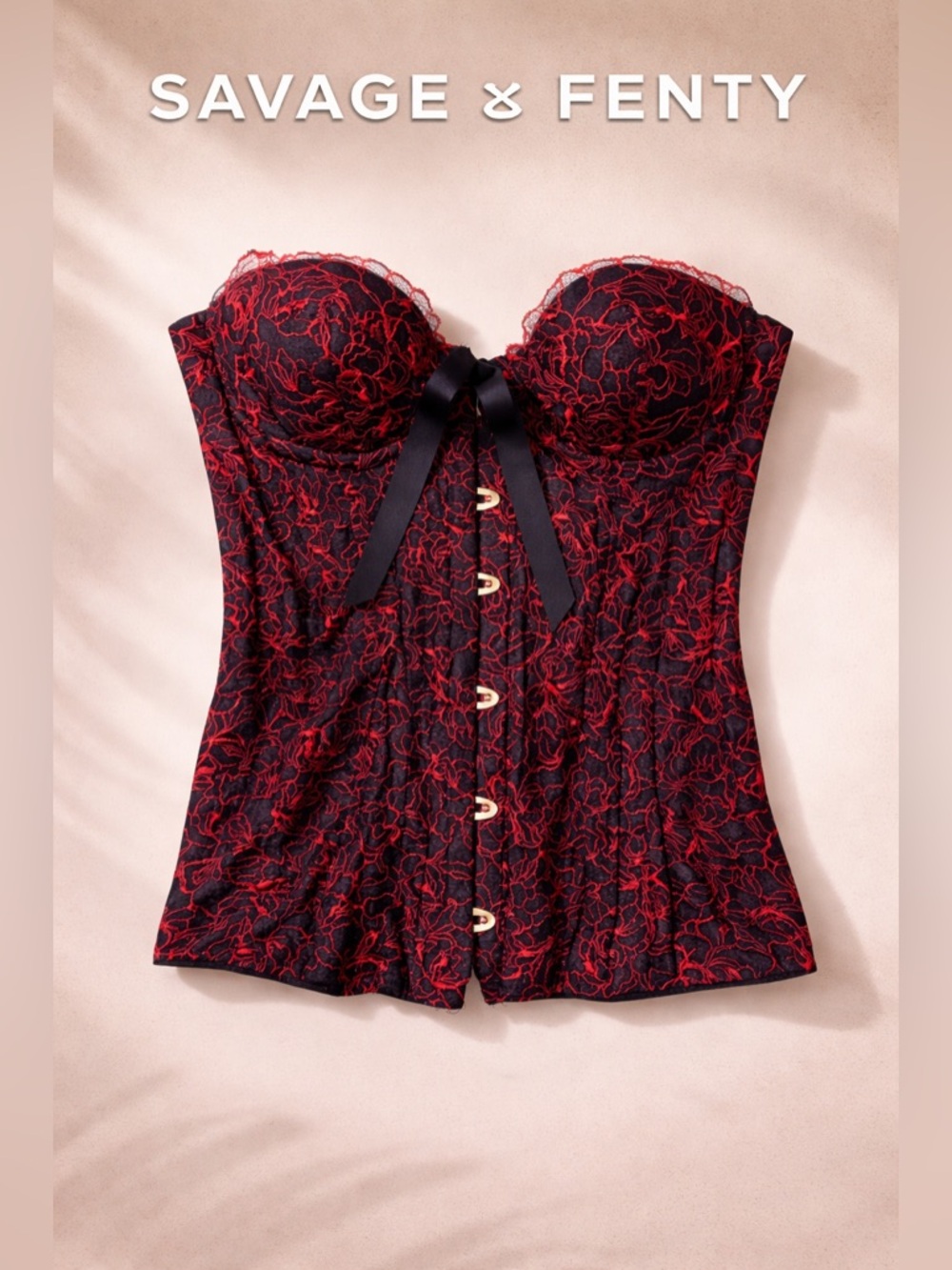 Savage X Fenty Black Red Lace Corset Bustier Top Lace-Up Back Size M